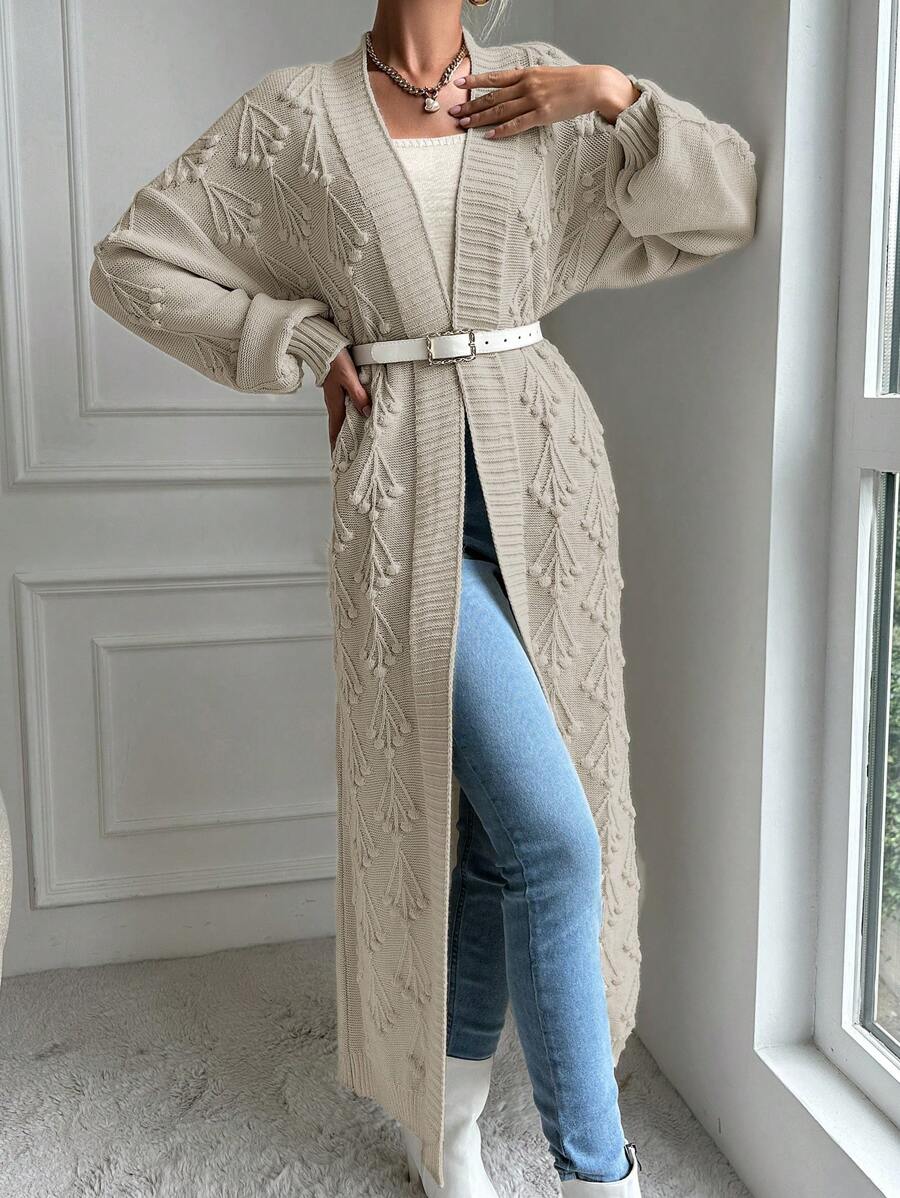 EURMUSE Drop Shoulder Open Front Cardigan Without Belt - White - View 1