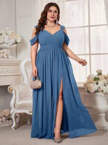 Gaun Pengantin Chiffon Lengan Pendek Tanpa Bahu untuk Wanita Ukuran Plus UNITHORSE - Dusty Blue - View 5