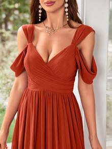 UNITHORSE Solid Color Chiffon Bridesmaid Dress With Thigh-High Slit, Short Sleeve - Burnt Orange - View 4