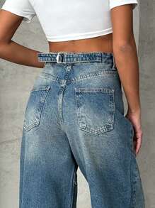 EURMUSE Washed Blue Mid-Rise Casual Pants With Front Pockets, Waist Adjustable Band - Medium Wash - View 5