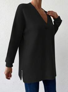EURMUSE Solid V Neck Drop Shoulder Sweater - Black - View 3