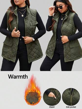 EMERY ROSE Plus Size Women Drawstring Waist Cargo Pocket Casual Quilted Vest Jacket, Winter Clothes Fall Clothes, For Christmas