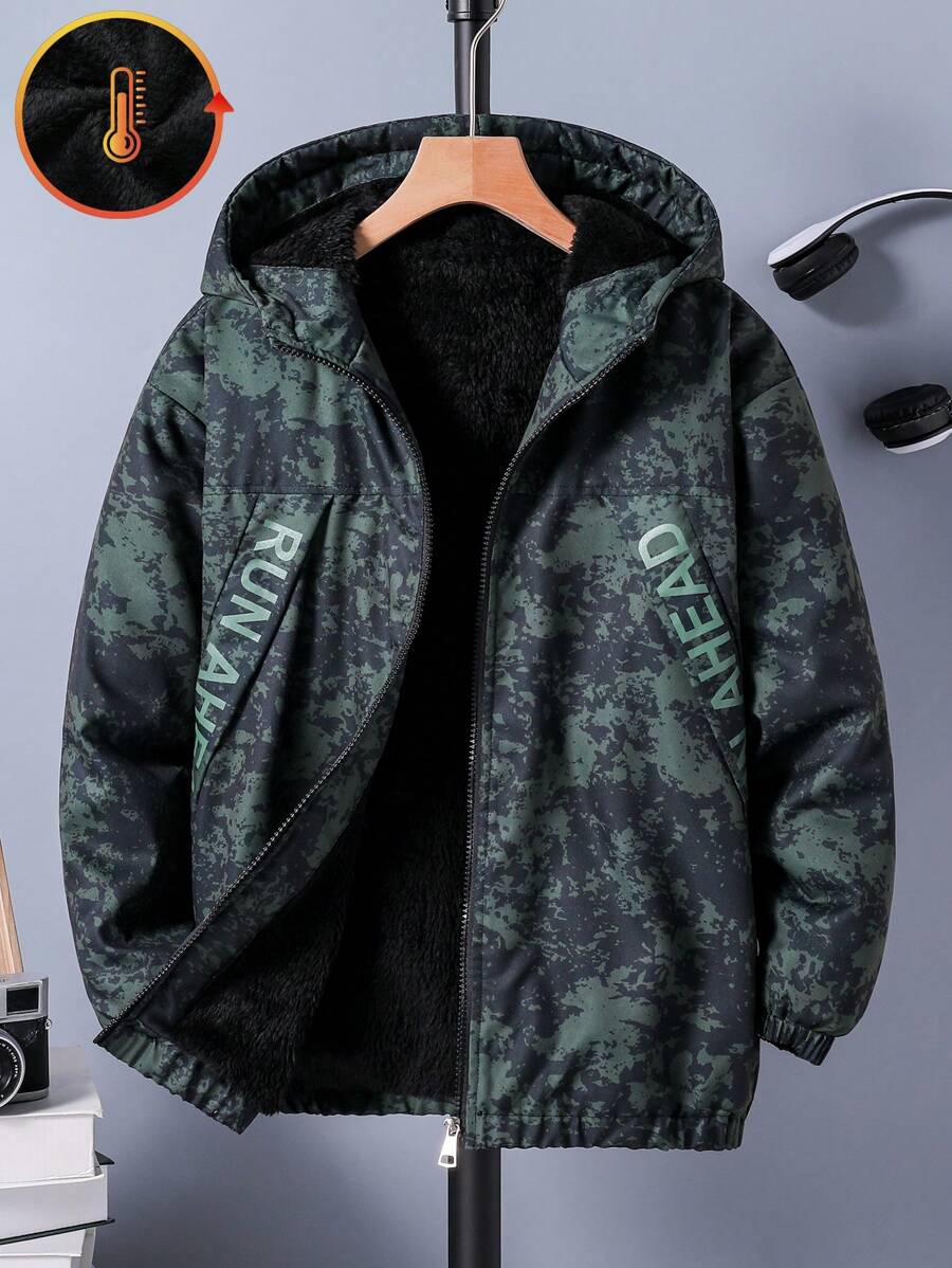 SHEIN Tween Boy 迷彩保暖内衬拉链连帽夹克，秋冬款