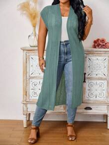 Calvaya Plus Size Women's Solid Color Casual Short Sleeve Knit Cardigan - Teal Blue - View 4