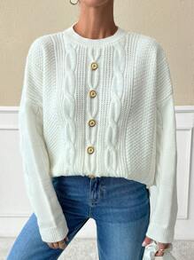SHEIN White Metal Button Decorated Thick Cable Knit Cardigan Sweater For Women, Loose Fit, Autumn/Winter