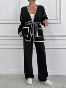 EURMUSE Bộ 2 áo len cardigan thắt túi màu đơn giản cho nữ và quần dệt kim - màu đen - Xem 6
