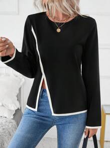 SHEIN LUNE Women's Woven Asymmetrical Color Block Split Shirt - Black and White - View 1