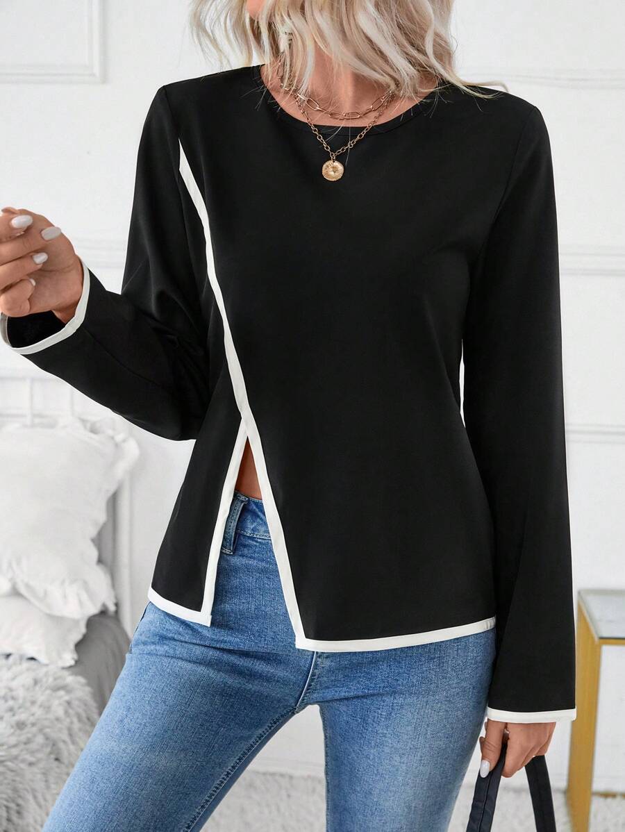 SHEIN LUNE Women's Woven Asymmetrical Color Block Split Shirt - Black and White - View 1