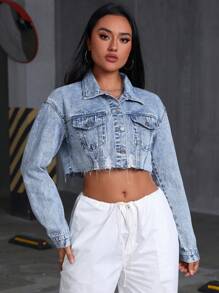 SHEIN Tall Front Button Long Sleeve Pocket Distressed Frayed Denim Jacket - Medium Wash - View 5