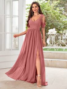 UNITHORSE 女士优雅褶皱开衩简约短袖雪纺伴娘礼服 - 藕粉色 - 查看 3