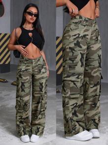 SHEIN Tall 女士前扣口袋迷彩牛仔工装裤，日常休闲穿着