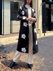 Chiquease 1 件女士休闲随机花卉印花前开襟外套 - 黑色 - 查看 3