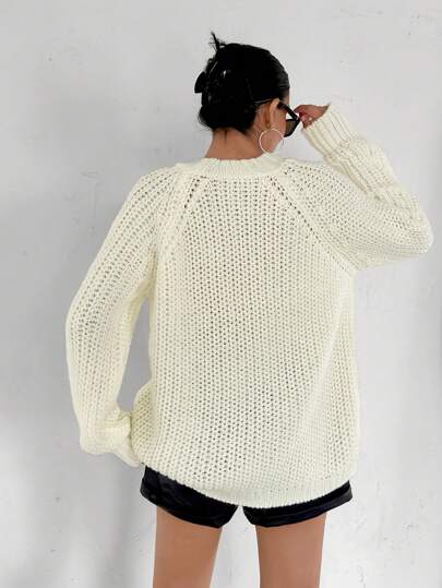 SHEIN Women Round Neck 3d Cable Knit Crochet Cozy Casual Sweater Pullover