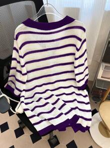 Calvaya Plus Size Casual Color Block Striped Knit Top, Autumn - Purple - View 2