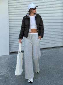 EURMUSE OVERSIZE WOMEN WINTER COAT WITH GREY MELANGE 2 TREAD HOODIE - Black - View 4