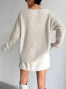 EURMUSE Women Solid Color Flower Accessory Detailed V-Neck Drop Shoulder Pullover - Beige - View 4