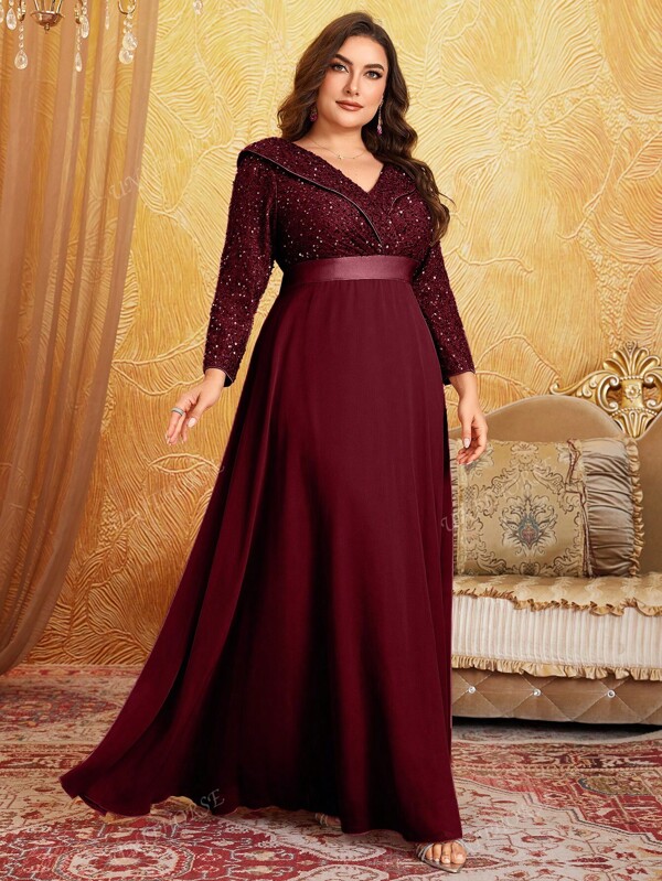 Robe de soirée grande taille à encolure en V, manches 3/4, avec patchwork de sequins et grand ourlet. Robe de soirée semi-formelle élégante à manches longues, convient pour les anniversaires, les mariages, les remises de diplômes, les soirées de fin d'année et les fêtes