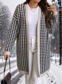 SHEIN Clasi Plus Size Houndstooth Pattern Cardigan Sweaterbusiness Casual Woman,Work Wear,Fall Wedding Guest Dress, - Khaki - View 5