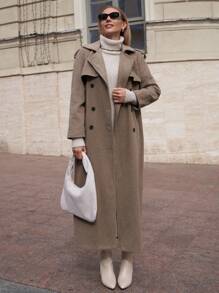 RueChic Plain Front Button Long Sleeve Pockets Simple Long Casual Jacket - Beige - View 3