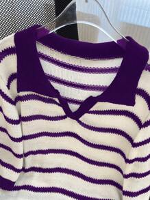 Calvaya Plus Size Casual Color Block Striped Knit Top, Autumn - Purple - View 5
