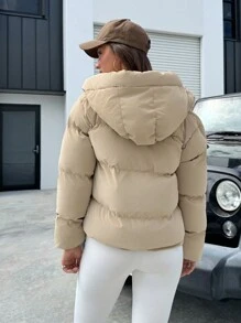 EURMUSE BEIGE HIGH QUALITY FABRIC WOMEN WINTER COAT WITH GOLD ZIPPER DETAIL - Beige - View 2