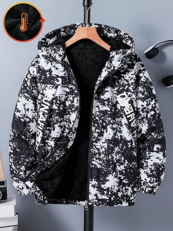 SHEIN Tween Boy All Over Print Zip-Front Thermal Lined Hooded Jacket