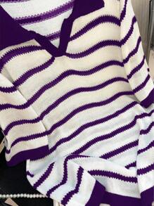Calvaya Plus Size Casual Color Block Striped Knit Top, Autumn - Purple - View 4