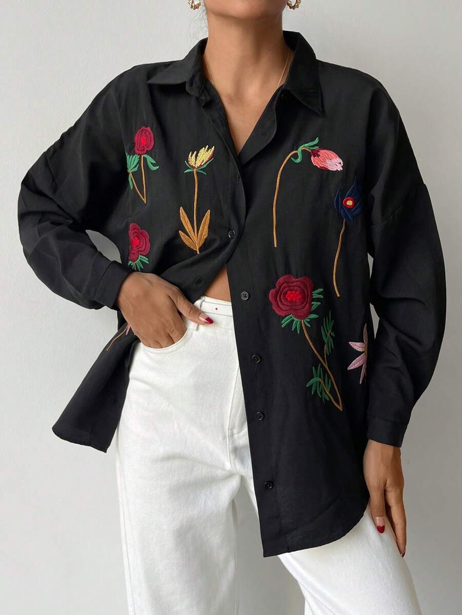 EURMUSE Oversized Embroidered Floral Casual Long Sleeve Shirt - Black - View 1