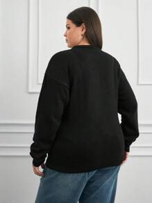 RueChic Plus Size Crew Neck Long Sleeve Letter Print Simple Casual Top - Black - View 2