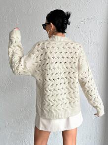 EURMUSE Suéter tipo pullover de mujer con cuello redondo, detalles de calado y textura suave - Beis - Ver 2
