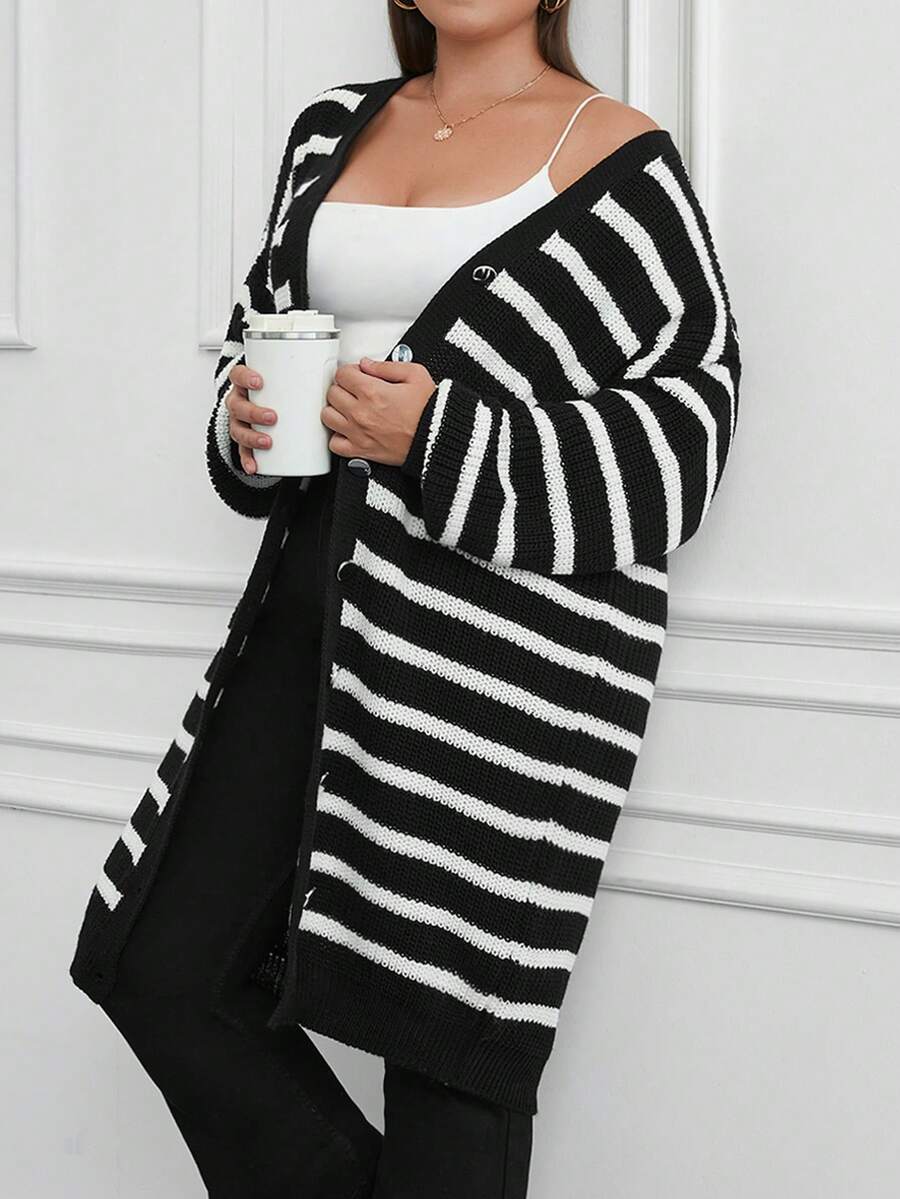 SHEIN Plus Size Knitwear Black And White Stripe Oversize Cardigan