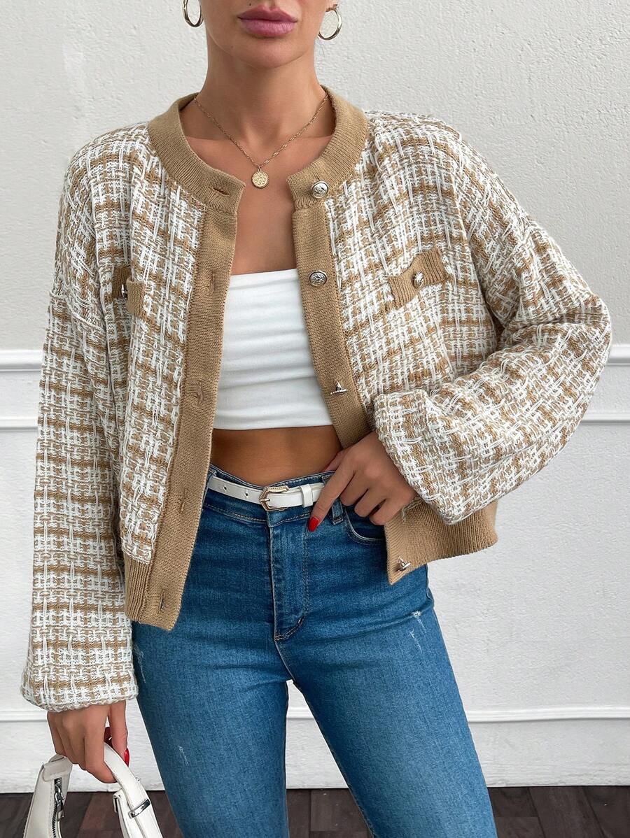 EURMUSE Spring Autumn Casual Plaid Chiffon Short Cardigan - Khaki - View 1