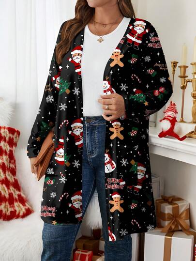 EMERY ROSE Plus Size Women Casual Minimal Christmas Element Printed Loose Long Sleeve Coat, Fall Winter