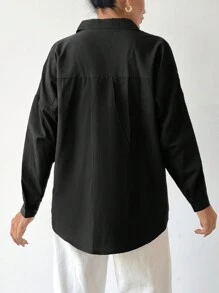 EURMUSE Oversized Embroidered Floral Casual Long Sleeve Shirt - Black - View 2