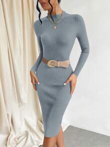Cloudara Mock Neck Split Thigh Sweater Dress - Grey - View 6