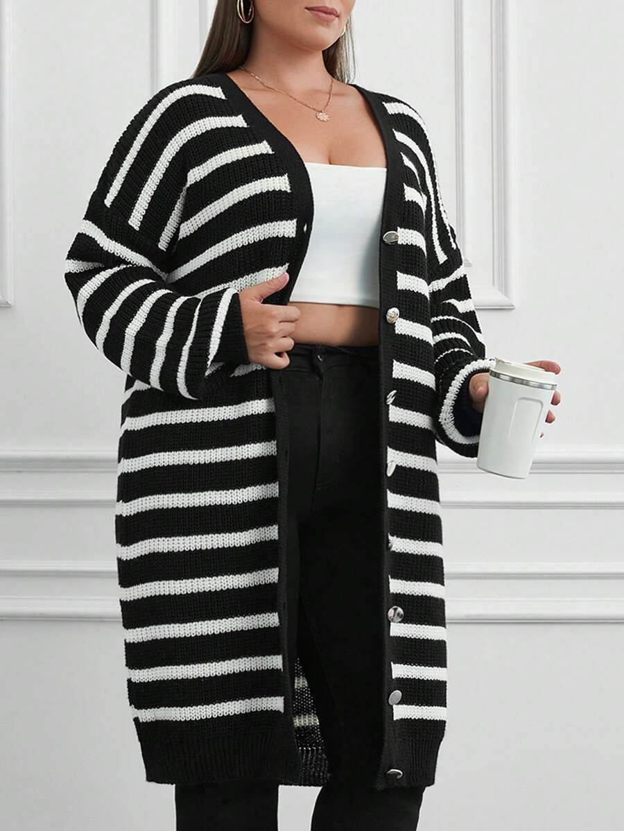 SHEIN Plus Size Knitwear Black And White Stripe Oversize Cardigan