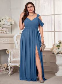 Gaun Pengantin Chiffon Lengan Pendek Tanpa Bahu untuk Wanita Ukuran Plus UNITHORSE - Dusty Blue - View 3