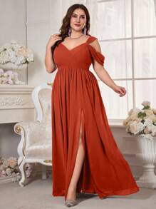 UNITHORSE 大码女士露肩短袖雪纺婚纱，优雅礼服，生日礼服，毕业礼服，正式礼服，伴娘礼服，婚礼春季派对礼服 - 亮橙色 - 查看 4