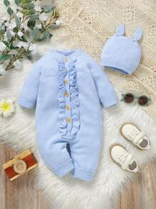 Newborn Baby Apricot Simple Casual  Ruffle Knitted Jumpsuit - Baby Blue - View 3