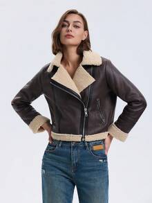 Zipped Pocket Accent Short Fluffy Lining Long Sleeve Jacket - Brown - View 5