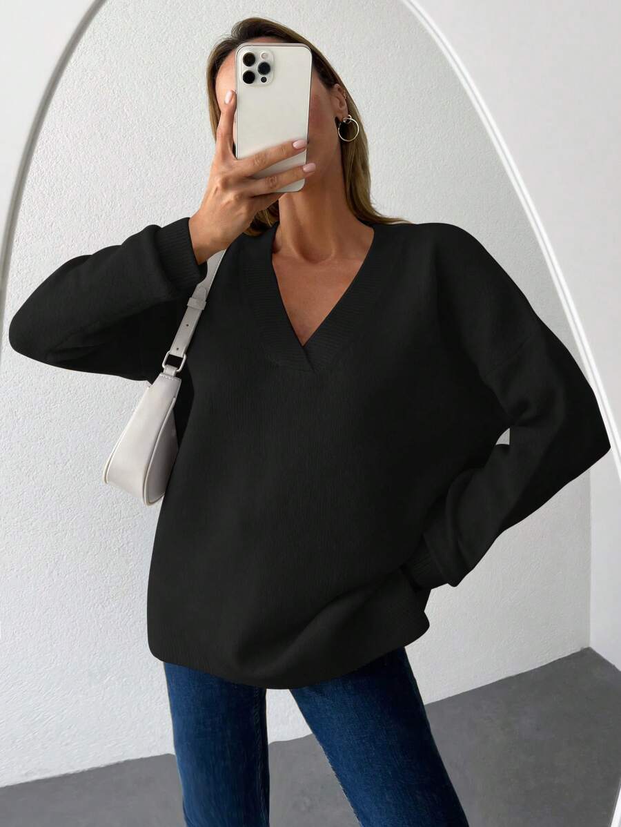 EURMUSE Solid V Neck Drop Shoulder Sweater - Black - View 1