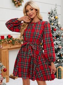 EMERY ROSE 女式宽松 A 字形圆领泡泡袖圣诞连衣裙新年服装 - 紅色 - 查看 6