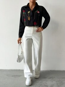 EURMUSE Oversized Embroidered Floral Casual Long Sleeve Shirt - Black - View 6