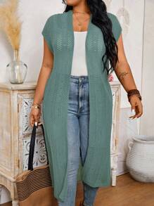 Calvaya Plus Size Women's Solid Color Casual Short Sleeve Knit Cardigan - Teal Blue - View 5