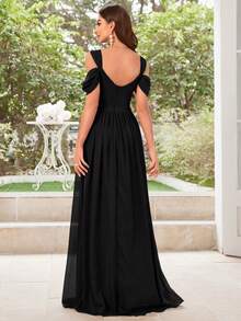 简约褶裥缎面雪纺露肩水钻V领开衩下摆连衣裙，伴娘礼服，婚礼黑色春季款 - 黑色 - 查看 2