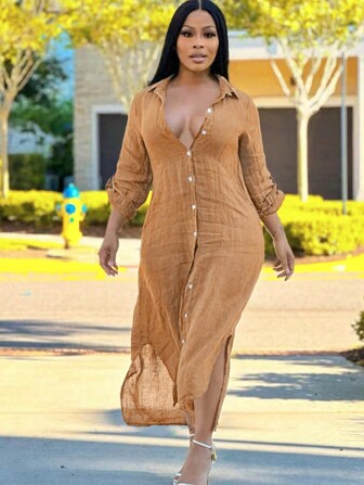 女式纯色长袖单排扣休闲衬衫裙，春/秋