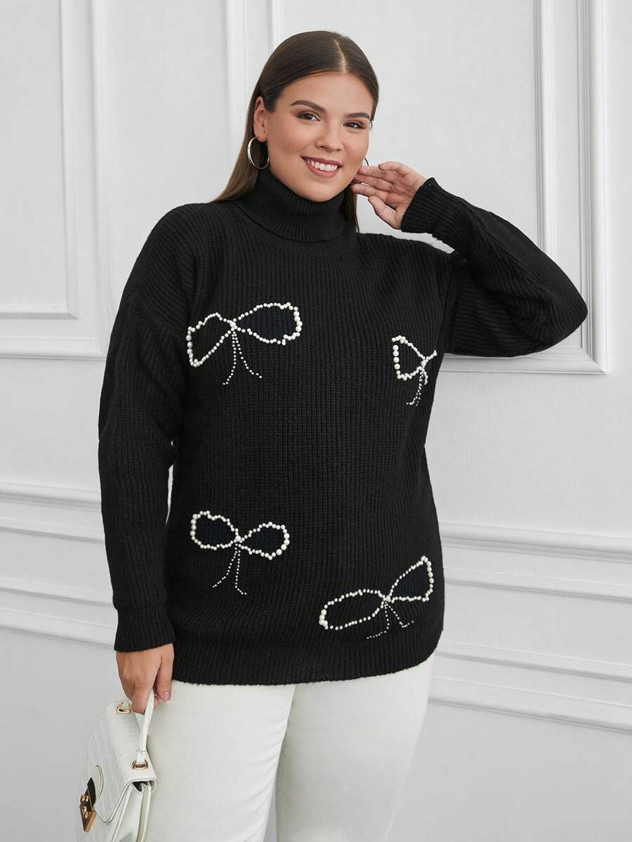RueChic Plus Size Women Faux Pearl And Rhinestone Detailed Cute Black Round Neck Sweater - Black - View 1