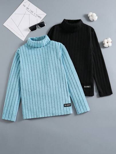 SHEIN Tween Boy 2 件字母贴花细节高领罗纹 T 恤