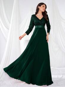 UNITHORSE V 领 3/4 袖亮片拼接喇叭形礼服，优雅半正式舞会礼服，适合生日、婚礼宾客、毕业返校节、派对礼服 - 墨綠色 - 查看 4