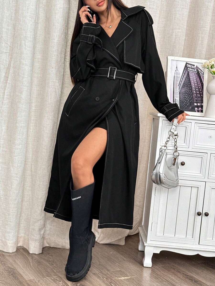 SHEIN EZwear Black Double Breasted Belted Trench Coat Autumn Winter Clothes For Women - Black - View 1
